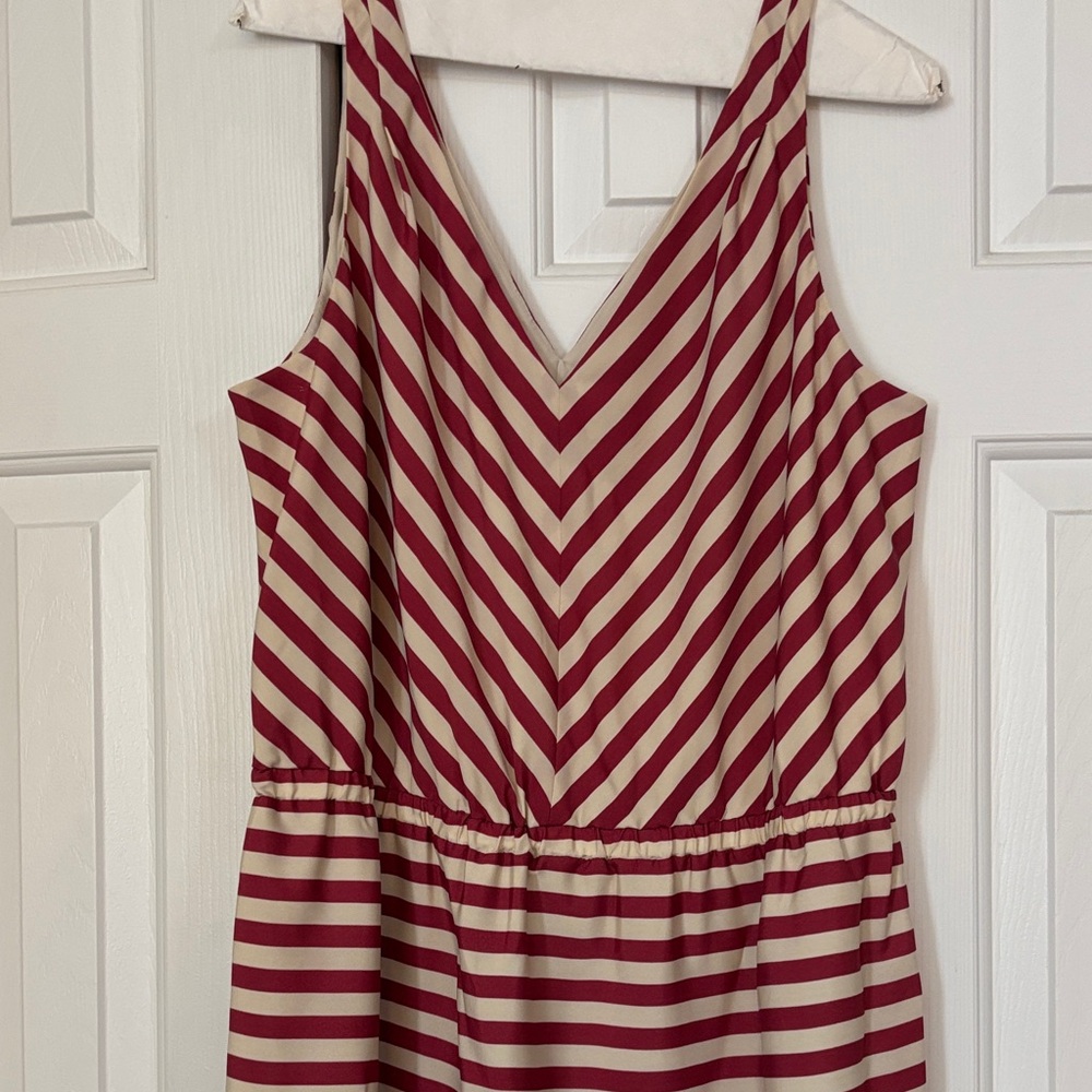 V-Neck Sleeveless Striped Dress in Burgundy and Cream